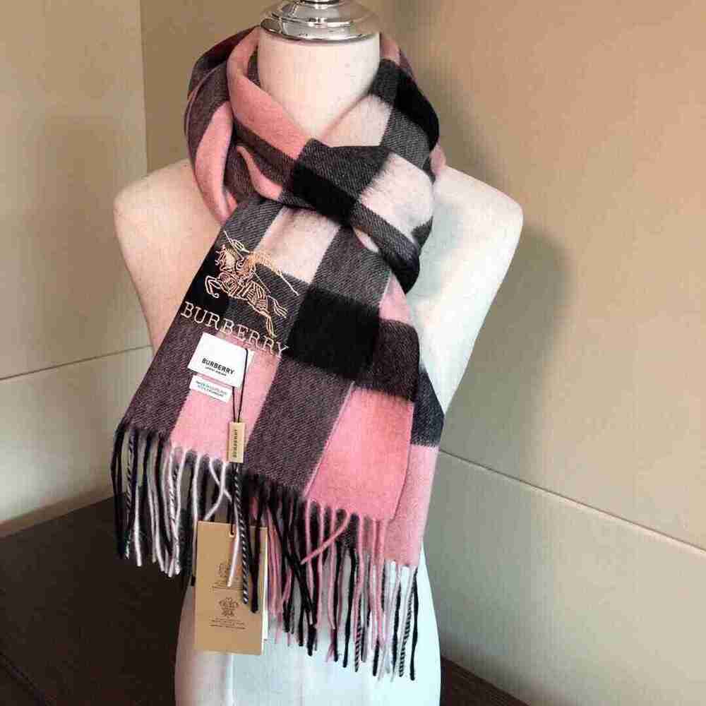 Burberry Pink Black Check Embroidered Logo Cashmere Scarf